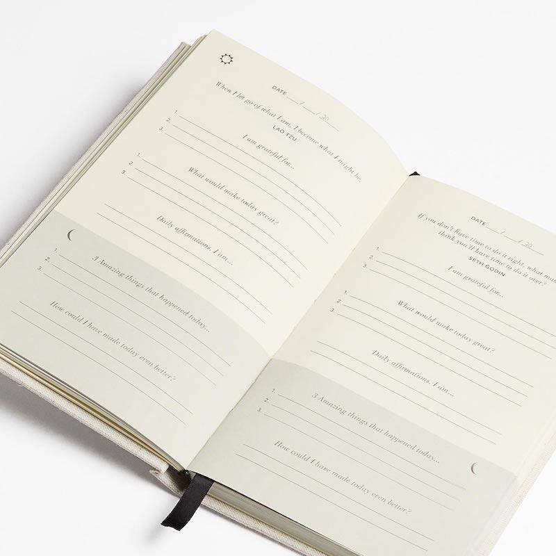 The Five Minute Journal by Intelligent Change mid-book layout. This journal is one of the best productivity tools on the market today