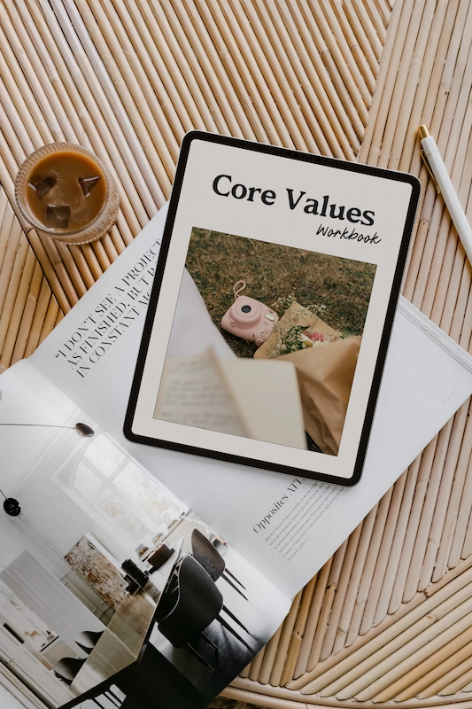 iPad mock-up image showing the cover of the core values workbook