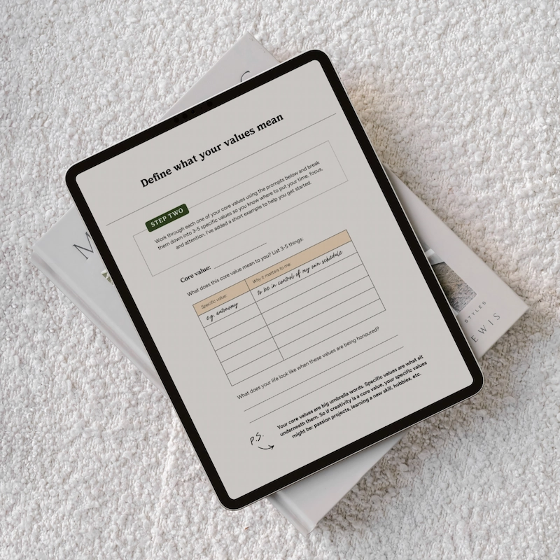iPad mock-up image showing a page from the core values workbook