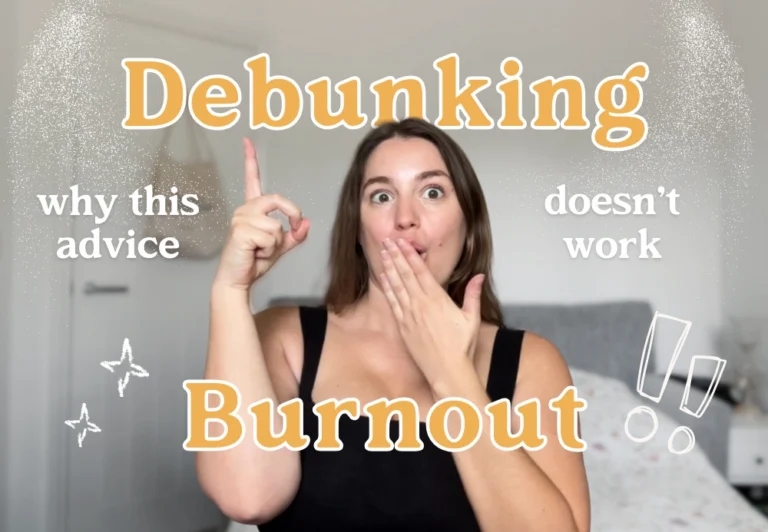The author of Notes by Thalia wears a black top and is posing in a playful way looking shocked as she looks at overlay text saying "Debunking Popular Burnout Advice | Why They DON’T WORK (and What To Do Instead)"