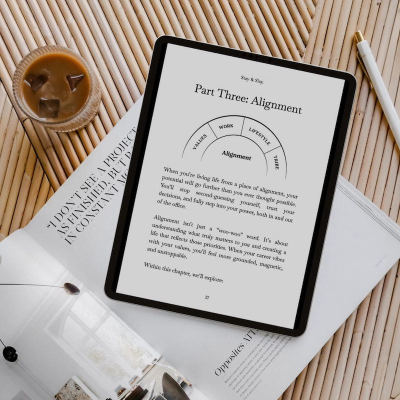A stylised iPad mock-up image showing a page from Notes by Thalia ebook, titled: Stay & Slay; How to beat burnout without quitting your job.
