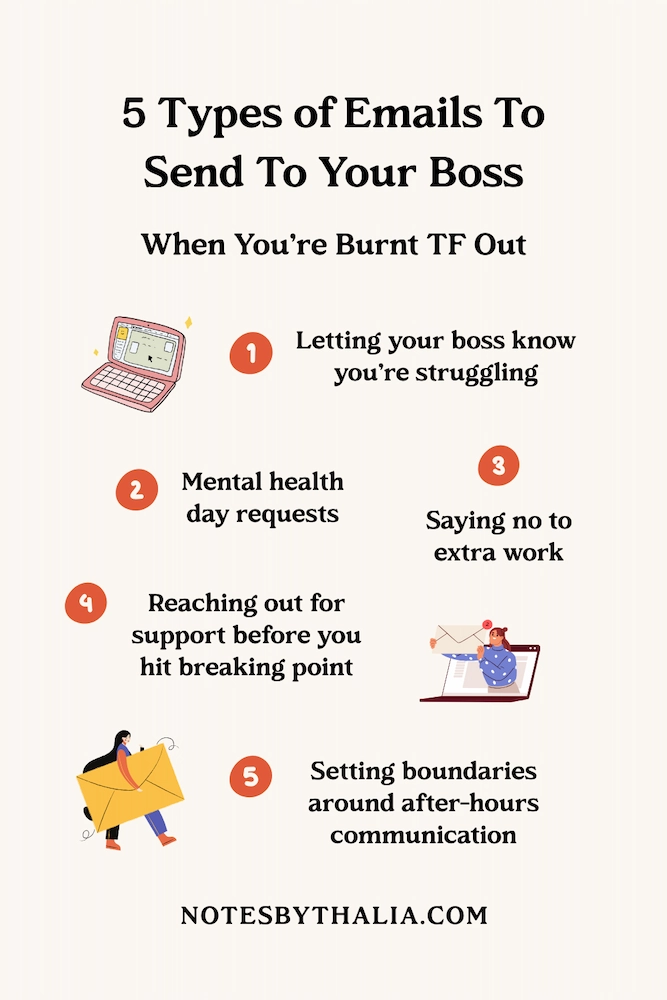 Infographic titled “5 Types of Emails To Send To Your Boss When You’re Burnt TF Out,” featuring five email types: letting your boss know you’re struggling, mental health day requests, saying no to extra work, reaching out for support before you hit breaking point, and setting boundaries around after-hours communication. The design includes soft illustrations of a laptop, a woman holding an envelope, and a person overwhelmed with email notifications.