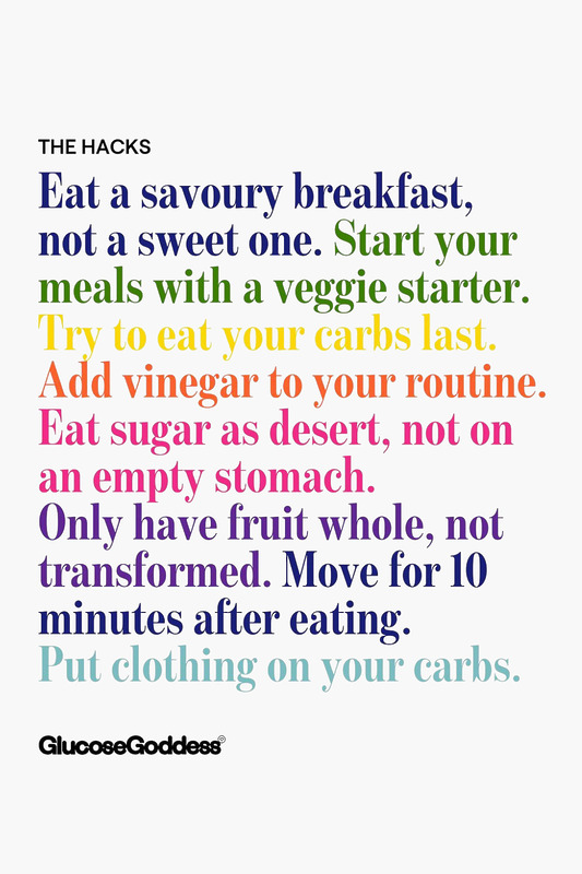 Infographic showing blood sugar balancing hacks from the Glucose Goddess in coloured lines