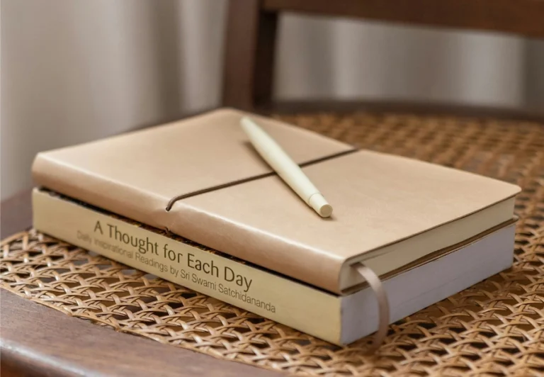 Aesthetic stock image showing a leather-bound notebook on top of a non-fiction book with the title, “A thought for each day.” on a brown wicker chair. The image is purely for decorative use only to support the blog post on 101 things to be grateful for.