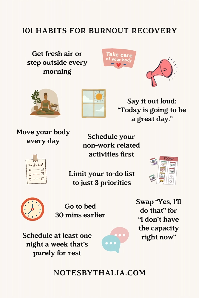 An infographic titled “Habits for Burnout Recovery” with simple illustrations like a yoga pose, window, clock, megaphone, and to-do list. The tips include: get fresh air or step outside every morning, say out loud “Today is going to be a great day,” move your body every day, schedule your non-work-related activities first, limit your to-do list to just 3 priorities, go to bed 30 minutes earlier, swap “Yes, I’ll do that” for “I don’t have the capacity right now,” and schedule at least one night a week that’s purely for rest.