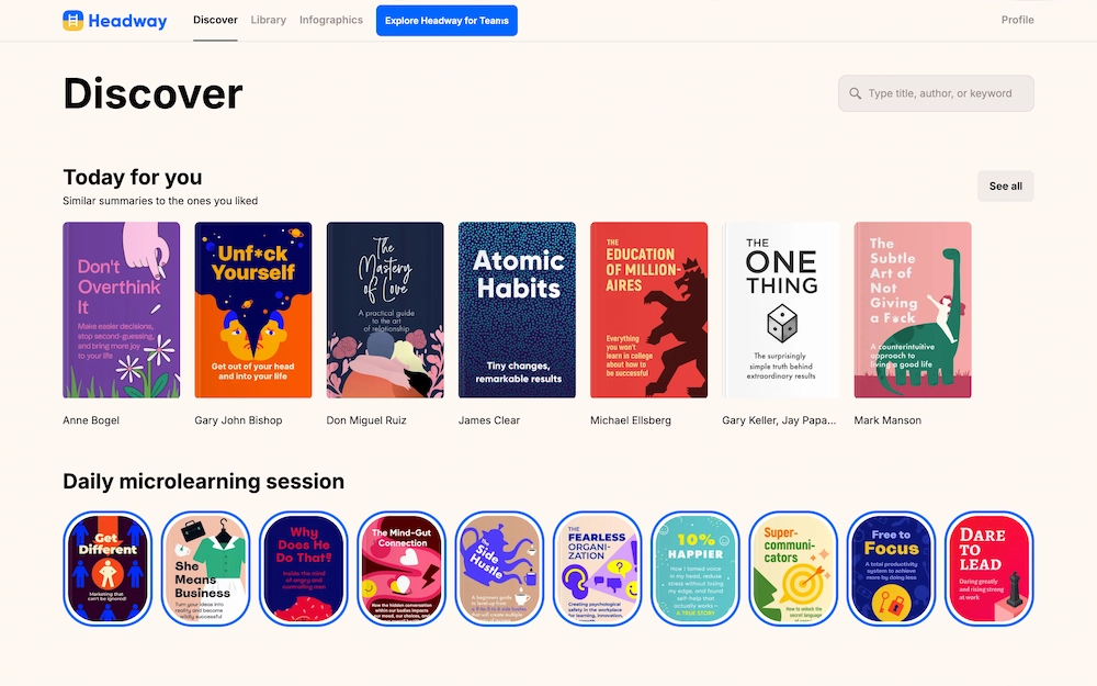 Screenshot of the Headway app on desktop showing a colourful covers of self-development books.