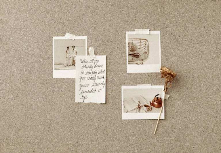 Aesthetic stock image showing a cork board with a few polaroid images attached. There is a quote in the middle that reads, “When all you actually desire is simply you really need, you’ve already succeeded in life. The image is purely for decorative us only to support the blog post on how to manifest your dream job.