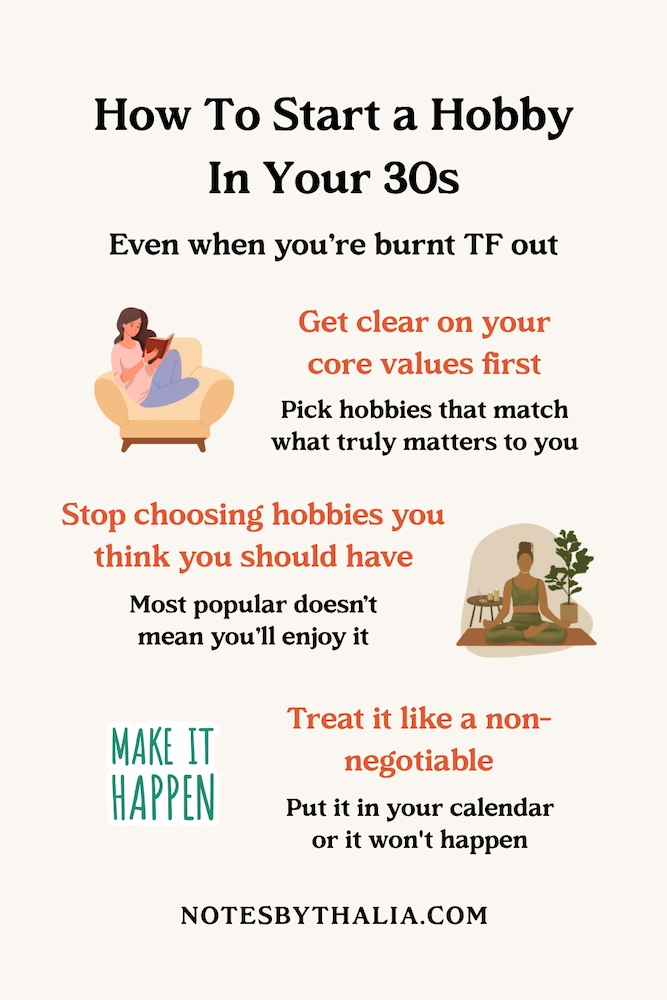 Pinterest infographic titled "How To Start a Hobby In Your 30s (Even when you're burnt TF out)" featuring my 3-step framework: get clear on your core values first (pick hobbies that match what truly matters to you), stop choosing hobbies you think you should have (most popular doesn't mean you'll enjoy it), and treat it like a non-negotiable (put it in your calendar or it won't happen). Cream background with orange and black text, illustrations of a woman reading in an armchair and a woman meditating with a plant, plus a green "make it happen" sticker.