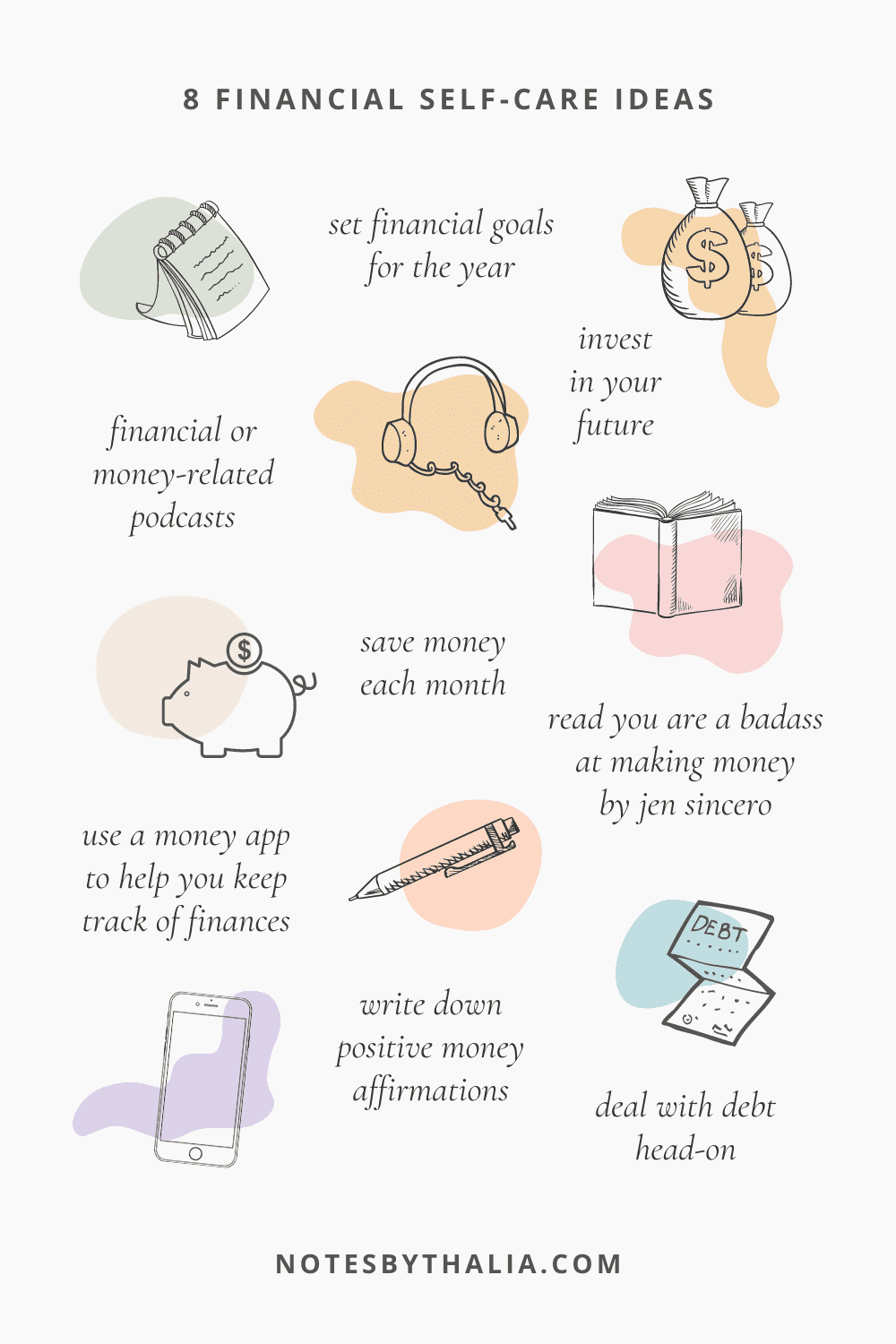 8 pillars of self-care, financial self-care ideas, set financial goals, invest in your future, save money each money, use a money app to track finances