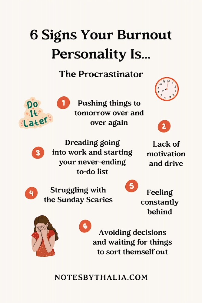 Infographic on beige background titled “6 Signs Your Burnout Personality Is… The Procrastinator.” Six signs are displayed in black text with orange numbered circles: 1) Pushing things to tomorrow over and over again. 2) Lack of motivation and drive. 3) Dreading going into work and starting your never-ending to-do list. 4) Struggling with the Sunday Scaries. 5) Feeling constantly behind. 6) Avoiding decisions and waiting for things to sort themselves out. Icons include a “Do It Later” sticker, a clock, and a cartoon woman covering her face with her hands.