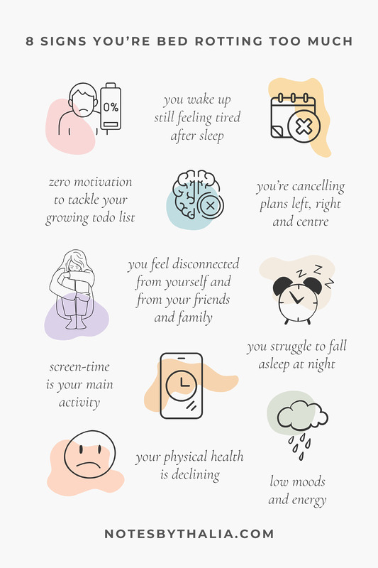Colourful infographic showing the 8 signs it's time to pivot your life including “you wake up still feeling tired after sleep, you’re cancelling plans left, right and centre, zero motivation to tackle your growing todo list, you feel disconnected from yourself and from your friends and family, you struggle to fall asleep at night, screen-time is your main activity, your physical health is declining, low moods and energy.” Simple black graphics on coloured shapes.