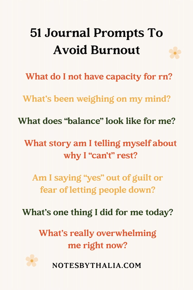 Infographic titled ‘51 Journal Prompts To Avoid Burnout’ from Notes by Thalia. It features seven example prompts in different colours, including: ‘What do I not have capacity for right now?’, ‘What’s been weighing on my mind?’, ‘What does “balance” look like for me?’, ‘What story am I telling myself about why I “can’t” rest?’, ‘Am I saying “yes” out of guilt or fear of letting people down?’, ‘What’s one thing I did for me today?’, and ‘What’s really overwhelming me right now?’