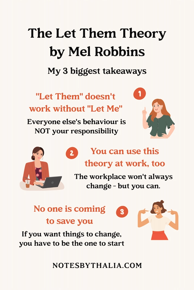 A warm, hand-drawn infographic titled “The Let Them Theory by Mel Robbins” with soft cream background and earthy tones. It features three illustrated takeaways: (1) “Let Them” doesn’t work without “Let Me” – Everyone else’s behaviour is NOT your responsibility; (2) You can use this theory at work, too – The workplace won’t always change, but you can; (3) No one is coming to save you – If you want things to change, you have to start. The layout is clean, modern, and feminine with soft illustrations and a calm, empowering vibe.
