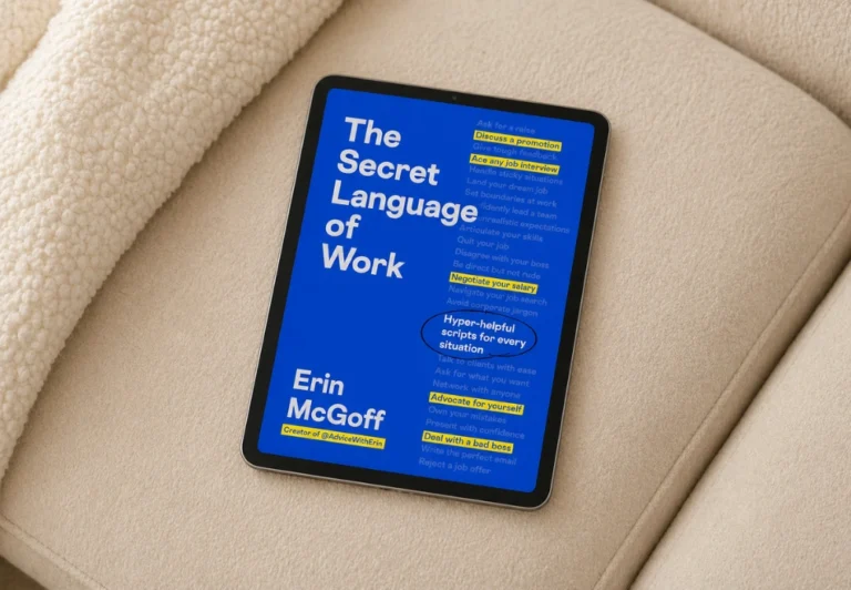 Aesthetic mock-up image showing the bright blue cover of The Secret Language of Work on an iPad resting on a beige sofa. The image supports the book review on The Secret Language of Work by Erin McGoff