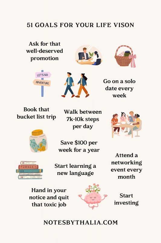 51 life goals to add to your vision board infographic including ask for that well-deserved promotion, go on a solo date each week, walk between 8,000–10,000 steps a day, attend a networking event every month, save $100 per week for the whole year, hand in your notice and quit that toxic job, invest at least $300 into stocks, crypto or gold. Cute icons on beige circles with black italic writing.