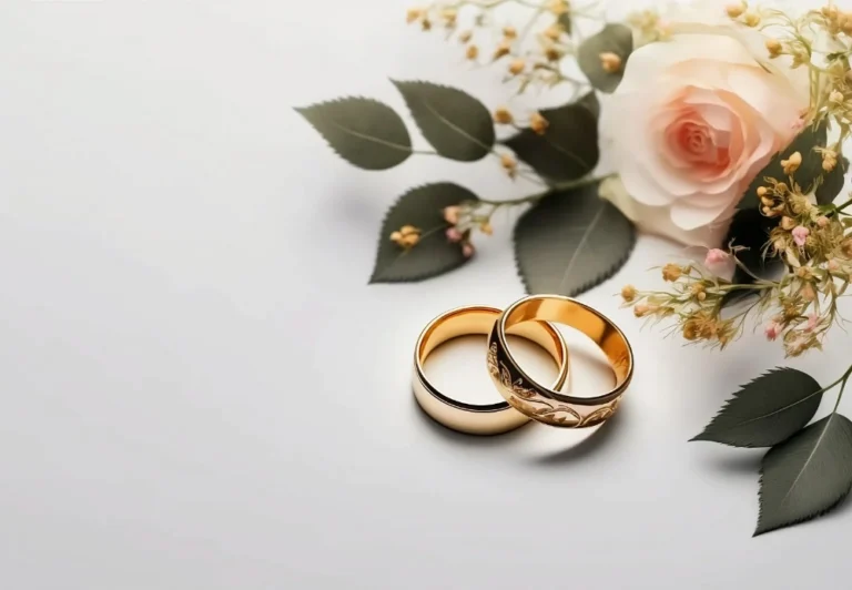Stock image showing a bouquet of roses on a white table top next to two gold wedding rings. The image is purely for decorative us only to support the blog post on wedding stress.